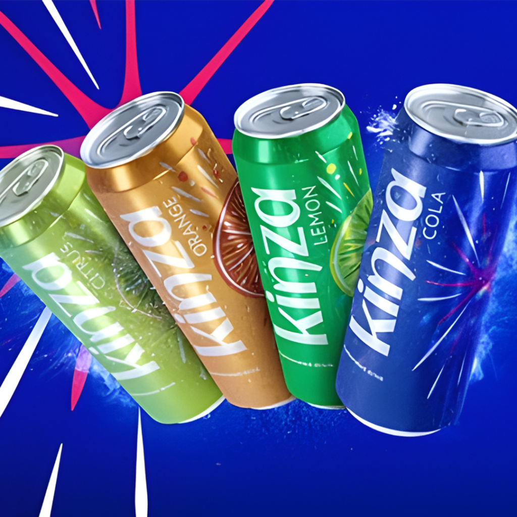 Kinza Citrus, Orange, Lemon and Cola cans on a bright blue background