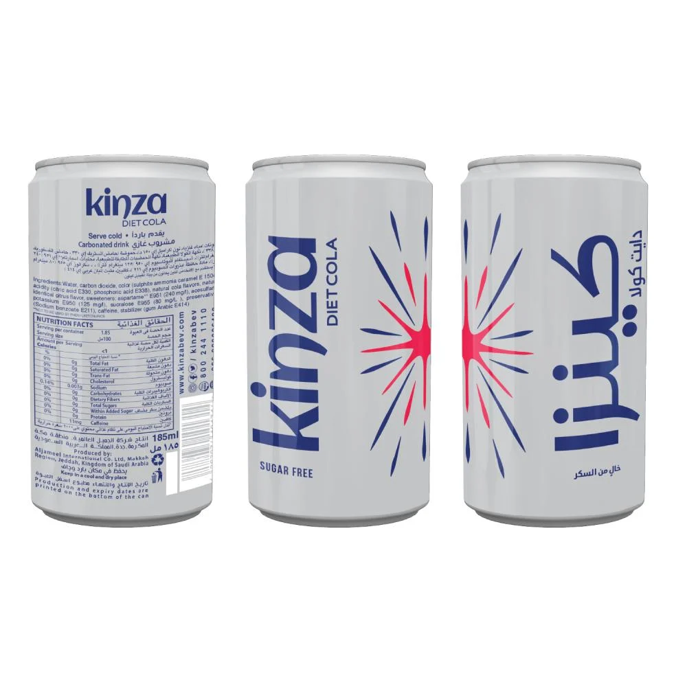 Kinza Diet Cola sugar-free can shown from three sides