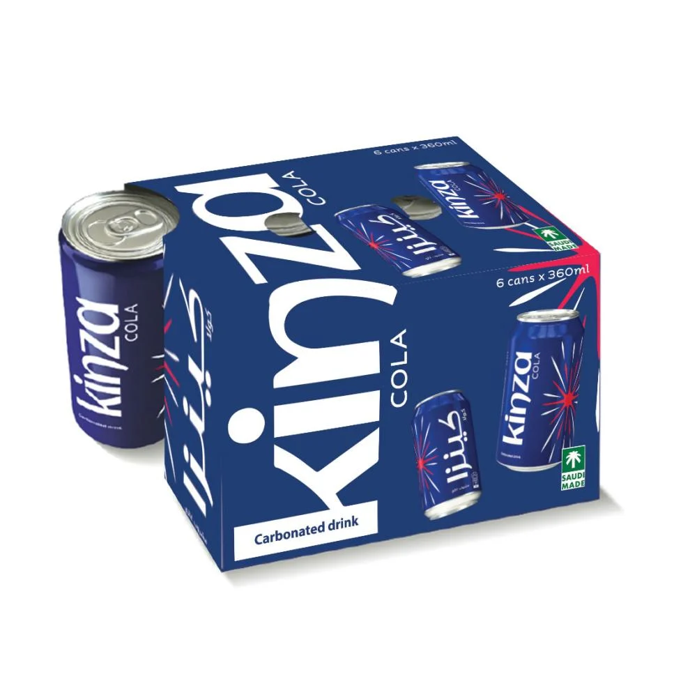 Kinza Cola carton of six 360ml cans beside a single can