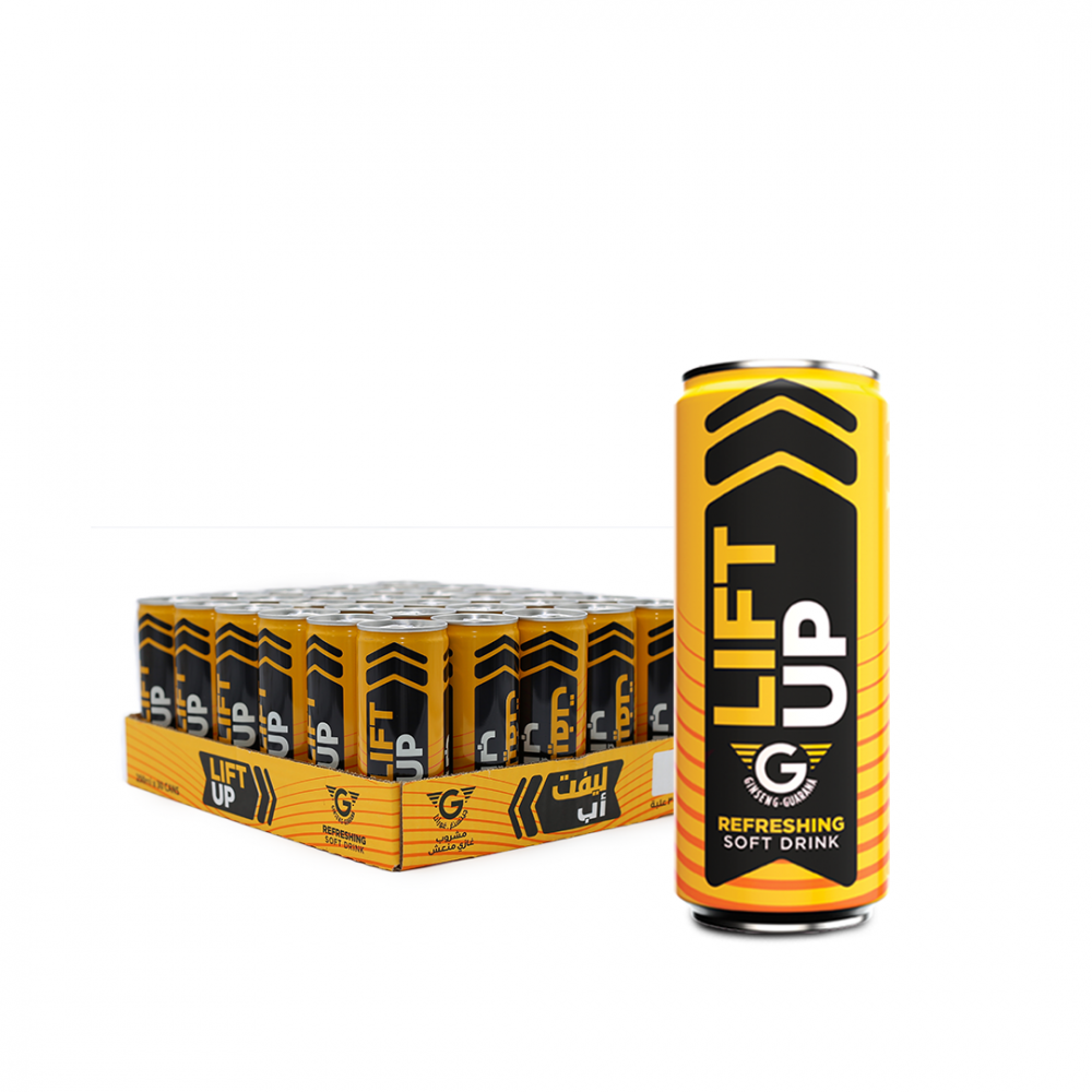 Lift Up refreshing soft drink can in front of a full tray of cans