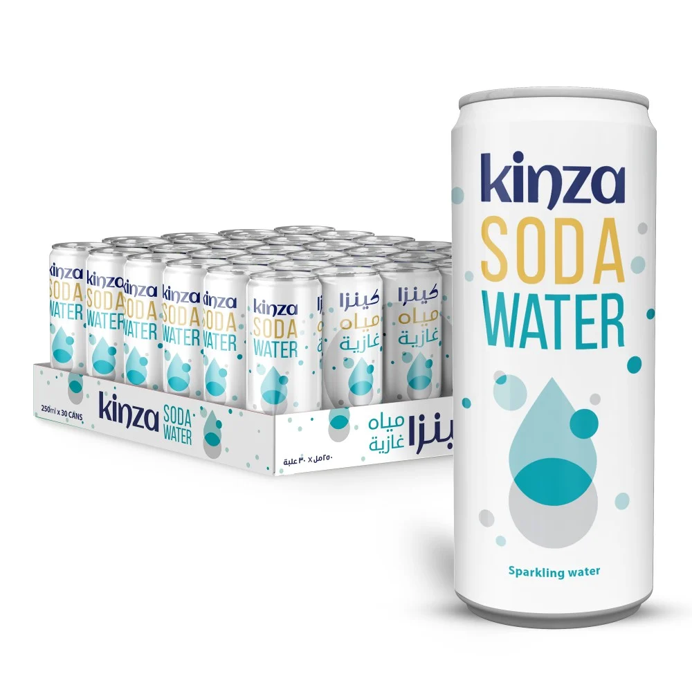 Kinza Soda Water sparkling water can in front of a full tray of cans